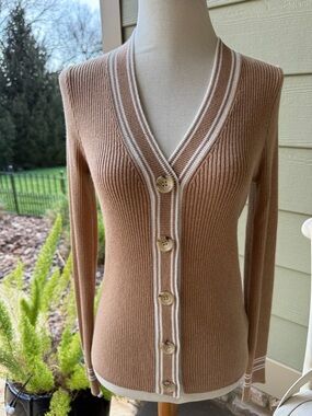 Faherty Mikki Cardigan Camel Sideline Stripe